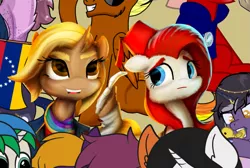 Size: 1161x778 | Tagged: safe, artist:nicolaykoriagin, derpibooru import, doctor whooves, time turner, oc, oc:gallop crush, pegasus, pony, unicorn, derpibooru community collaboration, 2022 community collab, clothes, doctor who, fez, fourth doctor's scarf, hat, high res, image, png, scarf, sonic screwdriver