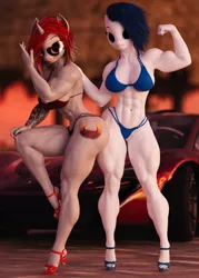 Size: 3000x4200 | Tagged: suggestive, artist:dashie116, derpibooru import, oc, oc:daria quanto, oc:lovers, unofficial characters only, anthro, 3d, abs, beach, bikini, car, clothes, daz studio, duo, duo female, female, females only, flexing, high heels, image, looking at you, muscles, muscular female, png, shoes, sunglasses, swimsuit