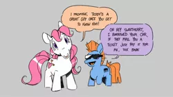 Size: 2314x1302 | Tagged: safe, artist:kylesmeallie, derpibooru import, sweetheart, teddy, earth pony, pony, duo, female, g1, grayscale, image, jpeg, male, mare, monochrome, size difference, speech bubble, stallion, sunglasses, talking to viewer