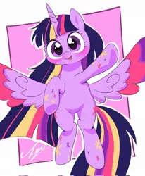Size: 1686x2048 | Tagged: safe, artist:leo19969525, derpibooru import, twilight sparkle, twilight sparkle (alicorn), alicorn, pony, blushing, colored wings, cute, ears, female, flying, horn, image, jpeg, mare, multicolored mane, multicolored wings, open mouth, open smile, rainbow power, smiling, solo, tail, twiabetes, waving at you, wings