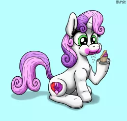 Size: 2228x2119 | Tagged: safe, artist:db32 digital artist, derpibooru import, sweetie belle, pony, unicorn, blue background, crumbs, cupcake, cute, diasweetes, eating, female, filly, foal, food, image, messy eating, png, simple background, sitting, solo