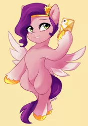 Size: 1706x2443 | Tagged: safe, artist:maren, derpibooru import, pipp petals, pegasus, pony, adorapipp, cute, female, flying, g5, grin, image, mare, markings, mobile phone, phone, png, simple background, smartphone, smiling, solo, unshorn fetlocks, yellow background