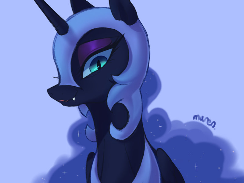 Size: 2732x2048 | Tagged: safe, artist:maren, derpibooru import, nightmare moon, alicorn, pony, blue background, bust, cute, cute little fangs, eyeshadow, fangs, female, helmet, image, jewelry, looking at you, makeup, mare, moonabetes, png, regalia, simple background, solo