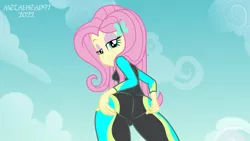 Size: 1280x720 | Tagged: suggestive, artist:metalhead97, derpibooru import, fluttershy, equestria girls, equestria girls series, ass, bedroom eyes, breasts, butt, butt grab, butt touch, cameltoe, clothes, cloud, eyeshadow, female, flutterbutt, fluttershy's wetsuit, grope, image, legs, lidded eyes, looking at you, looking back, looking back at you, low angle, makeup, perspective, png, show accurate, sky, solo, solo female, spreading, stupid sexy fluttershy, swimsuit, underass, wetsuit