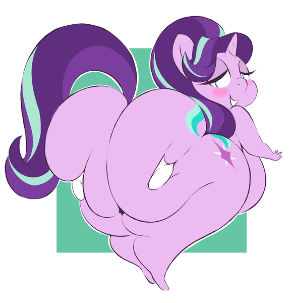 Size: 2054x2130 | Tagged: questionable, alternate version, artist:arizonathevixen, derpibooru import, starlight glimmer, anthro, unguligrade anthro, unicorn, 2 handfuls of dat ass, abstract background, ass, blushing, butt, disembodied hand, fat, female, glimmer glutes, grope, hand, image, large butt, looking back, png, squishy, the ass was fat