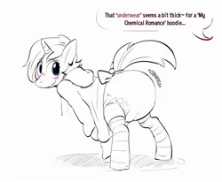 Size: 2655x2190 | Tagged: suggestive, artist:kircai, derpibooru import, oc, pony, unicorn, blushing, bow, clothes, diaper, diaper fetish, fetish, hoodie, image, jpeg, offscreen character, poofy diaper, socks, speech bubble, striped socks, tail, tail bow