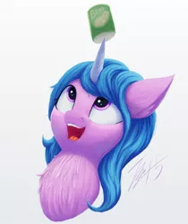 Size: 1520x1811 | Tagged: safe, derpibooru import, izzy moonbow, unicorn, my little pony: a new generation, beans, chest fluff, fluffy, food, g5, image, jpeg, looking up, open mouth, purple eyes, simple background, smiling
