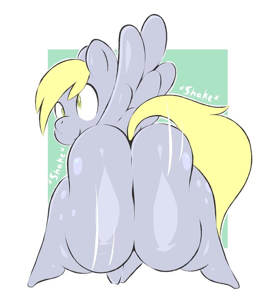 Size: 1817x1969 | Tagged: suggestive, artist:arizonathevixen, derpibooru import, derpy hooves, pegasus, pony, bubble butt, butt, butt shake, female, image, jpeg, large butt, looking back, mare, onomatopoeia, plot, rear view, shaking, smiling, squishy