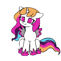 Size: 565x565 | Tagged: safe, artist:ayane, derpibooru import, oc, oc:rainbowwing, unofficial characters only, alicorn, alicorn oc, animated, cute, floppy ears, gif, hoof shoes, horn, image, simple background, solo, tail, tail wag, transparent background, wings