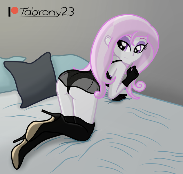 Size: 1230x1169 | Tagged: questionable, artist:tabrony23, derpibooru import, fleur-de-lis, equestria girls, adorasexy, beautiful, bed, bedroom eyes, black underwear, boots, bra, butt, clothes, cute, female, fleurabetes, gloves, high heel boots, image, lingerie, looking at you, looking back, miss fleur is trying to seduce us, nudity, patreon, patreon logo, png, sexy, shoes, show accurate, show accurate porn, smiling, smiling at you, solo, solo female, stupid sexy fleur-de-lis, underwear, woman