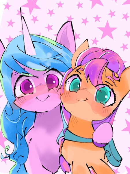 Size: 768x1024 | Tagged: safe, artist:pnpn_721, derpibooru import, izzy moonbow, sunny starscout, earth pony, pony, unicorn, bag, duo, female, g5, image, jpeg, looking at you, mare, pink background, simple background, smiling, smiling at you, starry background, stars