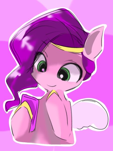 Size: 768x1024 | Tagged: safe, artist:pnpn_721, derpibooru import, pipp petals, pegasus, pony, bust, female, g5, hoof hold, image, jpeg, looking at something, mare, phone, pink background, purple background, simple background, smiley face, smiling, solo