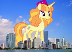 Size: 2048x1501 | Tagged: safe, artist:ambassad0r, artist:thegiantponyfan, derpibooru import, tropical dream, pony, unicorn, eyeshadow, female, florida, giant pony, giant unicorn, giantess, highrise ponies, image, irl, macro, makeup, mare, mega giant, miami, photo, png, ponies in real life, purple eyes, smiling