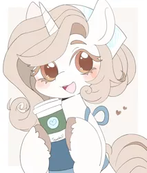 Size: 1744x2048 | Tagged: safe, artist:ginmaruxx, derpibooru import, oc, unofficial characters only, pony, unicorn, blushing, bust, coffee, commission, drink, female, hat, heart, hoof hold, image, jpeg, looking at you, mare, open mouth, open smile, simple background, smiling, smiling at you, solo, thanks, white background