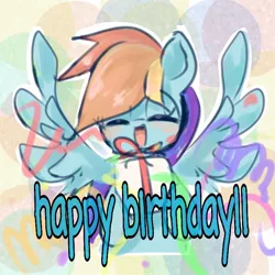 Size: 768x768 | Tagged: safe, artist:pnpn_721, derpibooru import, rainbow dash, pegasus, pony, bust, eyes closed, female, happy birthday, image, jpeg, mare, open mouth, open smile, present, smiling, solo, spread wings, streamers, text, wings
