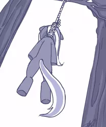 Size: 500x600 | Tagged: grimdark, artist:ponykillerx, edit, pony, ack, an hero, corpse, dead, hanging (by neck), image, jpeg, monochrome, noose, solo, suicide