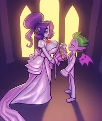 Size: 1299x1536 | Tagged: suggestive, artist:bigdad, derpibooru import, rarity, spike, human, alternate hairstyle, big breasts, boob window, breasts, busty rarity, cleavage, clothes, dress, female, fire ruby, gem, holding hands, humanized, image, jpeg, looking at each other, looking at someone, male, marriage, ponytail, ruby, shipping, size difference, smiling, sparity, straight, suit, wedding, wedding dress
