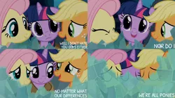 Size: 1280x720 | Tagged: safe, derpibooru import, edit, edited screencap, editor:quoterific, screencap, applejack, clover the clever, fluttershy, private pansy, smart cookie, twilight sparkle, earth pony, pegasus, pony, unicorn, hearth's warming eve (episode), season 2, eyes closed, female, image, mare, open mouth, open smile, png, smiling, text, trio, unicorn twilight