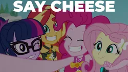Size: 1280x720 | Tagged: safe, derpibooru import, edit, edited screencap, editor:quoterific, screencap, fluttershy, pinkie pie, sci-twi, sunset shimmer, twilight sparkle, equestria girls, equestria girls series, unsolved selfie mysteries, beach, clothes, cute, diapinkes, eyes closed, female, geode of empathy, geode of sugar bombs, glasses, grin, hairpin, image, jewelry, jpeg, magical geodes, necklace, one eye closed, one-piece swimsuit, ponytail, selfie, shimmerbetes, shyabetes, smiling, swimsuit, text, twiabetes