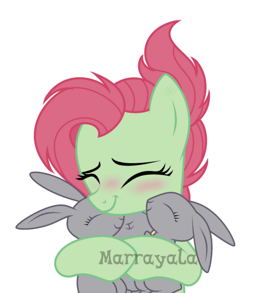 Size: 1280x1403 | Tagged: safe, artist:marrayala, derpibooru import, oc, oc:azalea, unofficial characters only, pegasus, pony, rabbit, animal, base used, blushing, cute, hug, image, like mother like daughter, like parent like child, offspring, parent:big macintosh, parent:fluttershy, parents:fluttermac, pegasus oc, png, simple background, solo, transparent background, watermark, wings