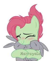 Size: 1280x1403 | Tagged: safe, artist:marrayala, derpibooru import, oc, oc:azalea, unofficial characters only, pegasus, pony, rabbit, animal, base used, blushing, cute, hug, image, like mother like daughter, like parent like child, offspring, parent:big macintosh, parent:fluttershy, parents:fluttermac, pegasus oc, png, simple background, solo, transparent background, watermark, wings