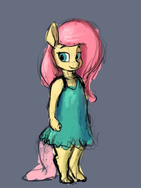 Size: 1535x2048 | Tagged: safe, artist:dummyhorse, artist:phutashi_ad, derpibooru import, fluttershy, anthro, pegasus, unguligrade anthro, blue background, clothes, dress, female, image, jpeg, simple background, sketch, solo