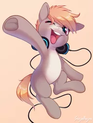Size: 541x712 | Tagged: safe, artist:ginjallegra, derpibooru import, oc, oc:cookie malou, unofficial characters only, earth pony, pony, earth pony oc, female, headphones, image, imalou, looking at you, mare, one eye closed, open mouth, open smile, pale belly, png, smiling, solo, waving, white belly