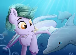 Size: 5000x3600 | Tagged: safe, artist:rainbowfire, derpibooru import, oc, unofficial characters only, dolphin, hybrid, kirin, original species, pony, siren, bubble, chest fluff, crepuscular rays, cute, gift art, grin, image, jewelry, male, necklace, ocean, png, shells, simple background, smiling, stallion, sunlight, swimming, underwater, water, wings, yellow eyes