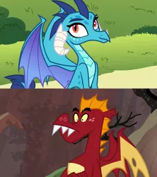 Size: 1397x1572 | Tagged: safe, derpibooru import, edit, edited screencap, screencap, garble, princess ember, dragon, sweet and smoky, triple threat, comparison, cute, dragoness, emberbetes, emble, female, image, male, png, shipping, shipping domino, sitting, straight