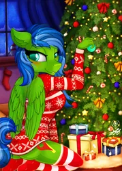 Size: 1574x2200 | Tagged: artist needed, suggestive, derpibooru import, oc, oc:checkpoint, unofficial characters only, anthro, pegasus, pony, christmas, christmas stocking, christmas tree, clothes, holiday, image, looking at you, png, present, socks, solo, tree