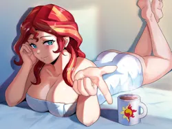 Size: 800x600 | Tagged: suggestive, artist:tzc, derpibooru import, sunset shimmer, human, equestria girls, barefoot, blushing, breasts, bunset shimmer, busty sunset shimmer, butt, cutie mark, feet, humanized, image, jpeg, looking at you, mug, naked towel, the pose, towel