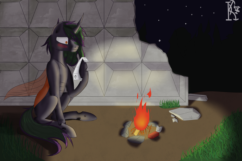 Size: 3000x2000 | Tagged: safe, artist:kirov, derpibooru import, oc, changeling, campfire, changeling oc, dragon eyes, embarrassed, image, letter, multicolored mane, night, orange eyes, orange wings, png, sitting, solo, wings