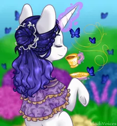 Size: 560x600 | Tagged: safe, artist:vladivoices, derpibooru import, oc, oc:fidelity, unofficial characters only, butterfly, insect, unicorn, cup, eyes closed, food, glow, glowing horn, horn, image, magic, png, smiling, solo, tea, teacup, telekinesis, unicorn oc