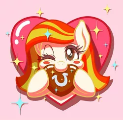 Size: 1173x1149 | Tagged: safe, artist:rinri1310, derpibooru import, oc, oc:poniko, unofficial characters only, earth pony, pony, bust, chocolate, eating, female, food, heart, horseshoes, image, jpeg, looking at you, mare, one eye closed, pink background, simple background, solo, sparkles, wink, winking at you