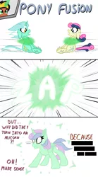 Size: 3541x6360 | Tagged: safe, artist:justapone, derpibooru import, bon bon, lyra heartstrings, sweetie drops, oc, oc:golden blast, alicorn, earth pony, pony, unicorn, black bars, colored, comic, dialogue, do not want, februpony, female, flat colors, fusion, gritted teeth, image, looking at each other, looking at someone, lyrabon (fusion), magic, magic aura, mare, png, pushmi-pullyu, screaming internally, shrunken pupils, simple background, telekinesis, we have become one