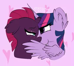 Size: 1168x1041 | Tagged: safe, artist:lunastaralight, derpibooru import, tempest shadow, twilight sparkle, twilight sparkle (alicorn), alicorn, unicorn, broken horn, duo, female, horn, image, kissing, lesbian, png, shipping, tempestlight