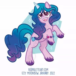 Size: 894x894 | Tagged: safe, artist:redpalette, derpibooru import, izzy moonbow, pony, unicorn, bracelet, cute, female, g5, hind legs, image, jewelry, jpeg, lightly watermarked, mare, smiling, unshorn fetlocks, watermark