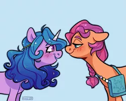 Size: 2559x2048 | Tagged: safe, artist:3ggmilky, derpibooru import, izzy moonbow, sunny starscout, pony, blushing, duo, eye contact, female, g5, image, izzyscout, lesbian, looking at each other, looking at someone, png, shipping, simple background