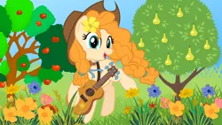 Size: 1920x1080 | Tagged: safe, artist:creativa-artly01, artist:jhayarr23, derpibooru import, pear butter, earth pony, pony, apple, apple tree, female, flower, flower in hair, food, freckles, grass, guitar, image, mare, musical instrument, open mouth, open smile, outdoors, pear, pear tree, png, smiling, solo, tree