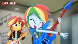 Size: 1280x720 | Tagged: safe, artist:alex mlp, derpibooru import, edit, edited screencap, screencap, rainbow dash, sunset shimmer, equestria girls, friendship games, guitar, image, musical instrument, png, smiling