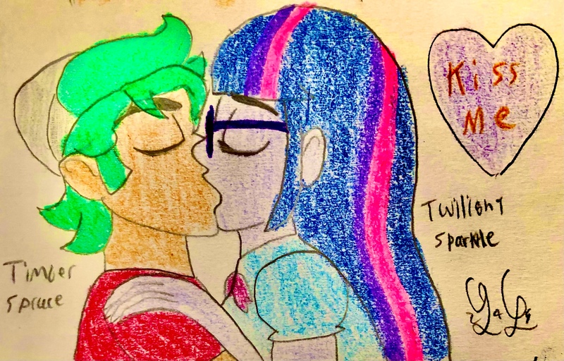 Size: 2619x1675 | Tagged: safe, artist:lugialover249, derpibooru import, sci-twi, timber spruce, twilight sparkle, equestria girls, female, image, jpeg, kissing, male, straight, timberlight, traditional art