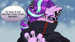 Size: 3840x2160 | Tagged: safe, artist:aqlogenesis, derpibooru import, starlight glimmer, anthro, unicorn, akatsuki, clothes, image, my pain is greater than yours, nagato, nail polish, naruto, piercing, png, rinnegan, robe, sky, solo