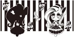 Size: 1500x777 | Tagged: safe, artist:michiyoshi, derpibooru import, angel bunny, fluttershy, pegasus, pony, rabbit, semi-anthro, animal, bipedal, clothes, female, flower, grayscale, hat, image, jpeg, looking at you, mare, monochrome