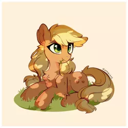 Size: 1002x1002 | Tagged: safe, artist:aureai, derpibooru import, applejack, earth pony, pony, chest fluff, cute, ear fluff, female, happy, image, jackabetes, leg fluff, looking up, lying, missing accessory, mouth hold, png, simple background, sitting, solo