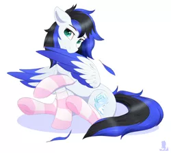 Size: 2000x1787 | Tagged: safe, artist:monsoonvisionz, derpibooru import, oc, oc:black ice, pegasus, pony, clothes, female, grooming, image, pegasus oc, png, preening, simple background, socks, solo, striped socks, white background, wings