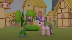 Size: 1024x576 | Tagged: safe, artist:edplus, derpibooru import, starlight glimmer, pony, unicorn, 3d, blender, image, levitation, magic, png, ponyville, potted plant, solo, telekinesis, watering can