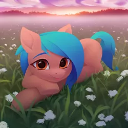 Size: 3000x3000 | Tagged: safe, artist:omnanya, derpibooru import, oc, unofficial characters only, earth pony, pony, earth pony oc, female, flower, grass, image, lying down, png, prone, scenery, tongue out