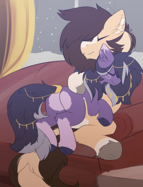 Size: 2161x2828 | Tagged: safe, artist:beardie, derpibooru import, oc, oc:buttercream scotch, oc:rivibaes, unofficial characters only, draconequus, unicorn, couch, cuddling, eyes closed, female, horn, image, jewelry, male, png, snow, straight, unicorn oc, window