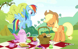 Size: 500x312 | Tagged: safe, artist:dragunique, derpibooru import, screencap, angel bunny, applejack, rainbow dash, earth pony, pegasus, pony, rabbit, maud pie (episode), season 4, all new, animal, animated, applejack's hat, basket, blinking, cowboy hat, female, flying, food, frown, gif, hat, hooves, image, looking at someone, loop, mare, muffin, outdoors, picnic, shadow, smiling, spread wings, standing, talking, text, wings