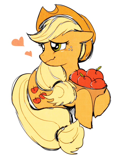 Size: 550x700 | Tagged: safe, artist:rebe921, derpibooru import, applejack, earth pony, pony, apple, apple basket, basket, cute, female, floppy ears, food, heart, heart eyes, hoof hold, image, jackabetes, mare, png, simple background, smiling, solo, white background, wingding eyes